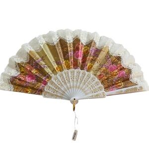 Vintage Folding Plastic and Fabric Hand Fan Gold and Pink Floral Lace Edge Spain